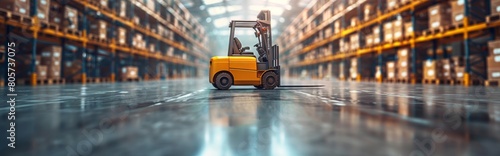 Logistics distribution center, Forklift in retail warehouse filled with shelves with products in cardboard boxesEfficient Warehouse Logistics: Orange Forklift for Storage and Transportation © Da