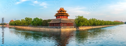 panoranic view of Forbidden City and moat, Beijing, China. Northwest corner tower of the Forbidden City and moat, Beijing, China