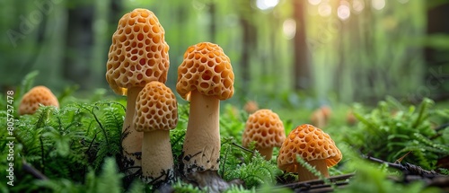 An in-depth view of an array of gigantic lovely edible wild morel mushrooms sprouting in a bare woodlands, with verdant greenery in the setting and space, Generative AI. photo