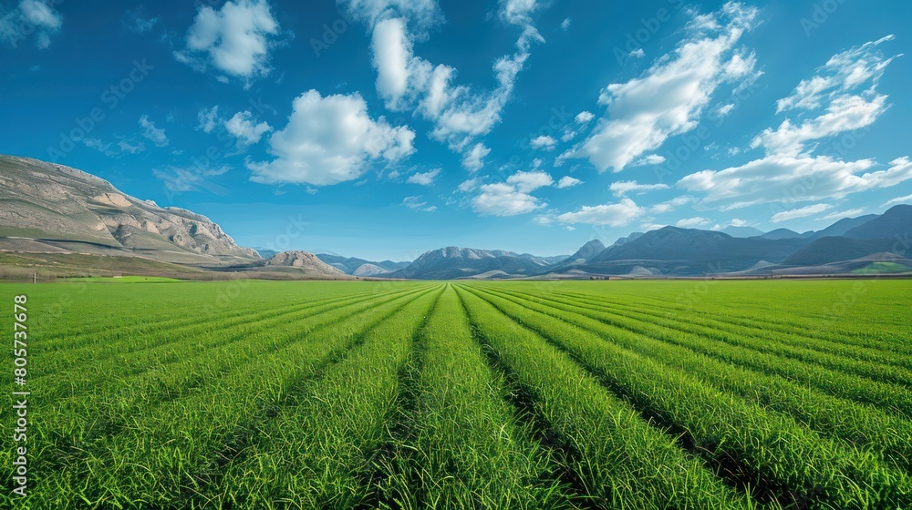 Panoramic natural landscape with green grass field, blue sky with clouds and mountains in background