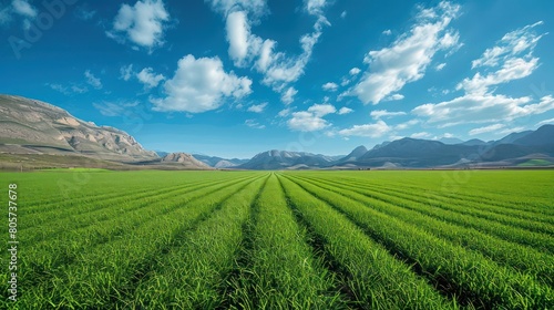 Panoramic natural landscape with green grass field  blue sky with clouds and mountains in background