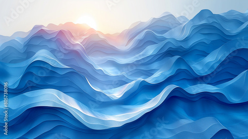 an abstract blue flowing background, a surreal and serene landscape composed of layered waves of varying blue hues, designed to resemble an undulating, stylized ocean or rolling hills photo