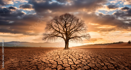 A leafless tree in the distance and the surrounding ground burst open. A tree that grows in the middle of a dry area. tree, sky, nature photo