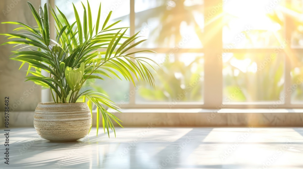Table counter top with green tropical plant leaf and beautiful sun light and shadow Table counter top with green tropical plant leaf and beautiful sun light and shadow