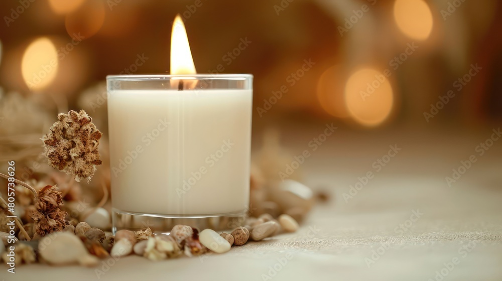 Vanilla burning candle on beige background. Warm aesthetic composition with stones and dry flowers Vanilla burning candle on beige background. Warm aesthetic composition with stones and dry flowers