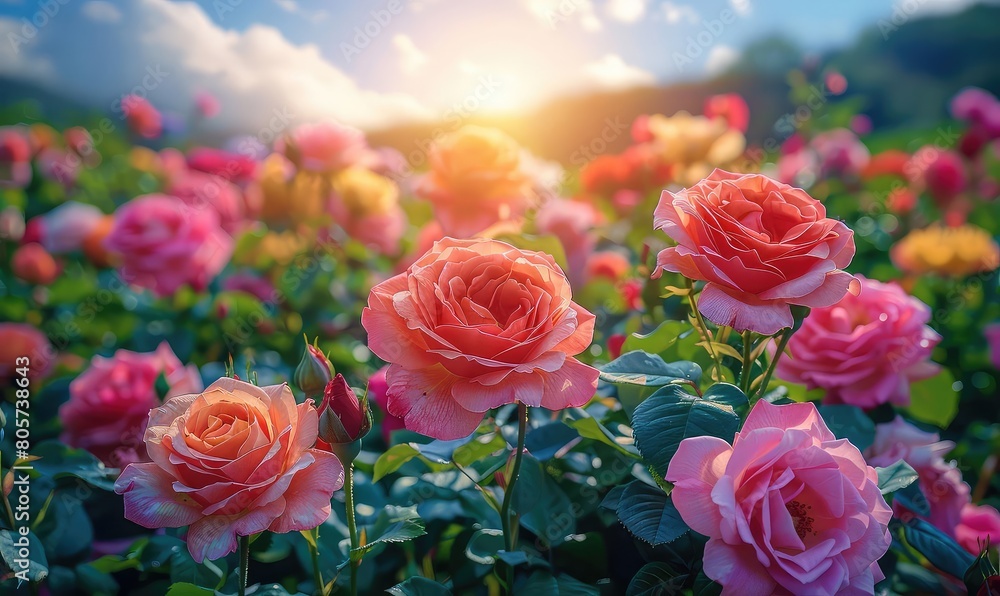 A field of roses in full bloom A field of roses in full bloom