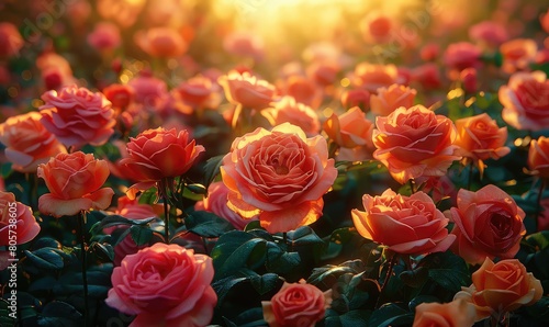 Wallpaper Mural A field of roses in full bloom, with the sun rising in the background Torontodigital.ca