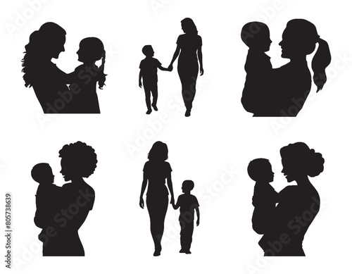 Mom and child Black Silhouettes Vector illustration. Happy Mother's Day concept