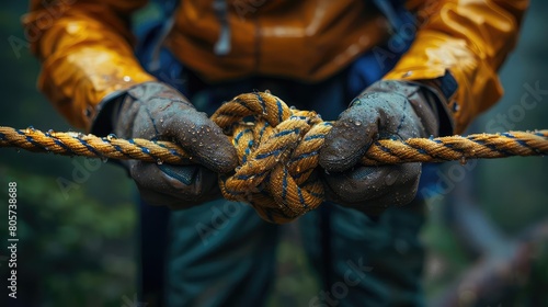 A man wearing yellow gloves ties a knot in a rope while rock climbing.