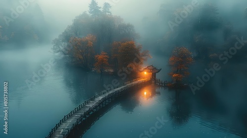 A wooden bridge over a misty lake leads to a small  secluded temple