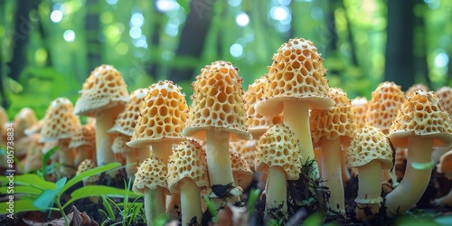 An in-depth view of an array of gigantic lovely edible wild morel mushrooms sprouting in a bare woodlands, with verdant greenery in the setting and space, Generative AI. photo