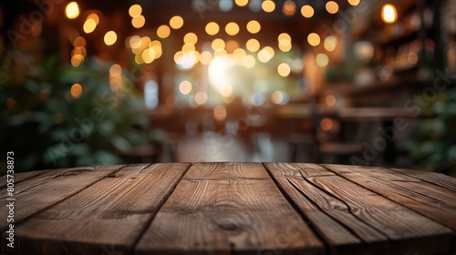 Wooden round table and pub or bar blur background