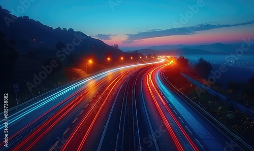 Create a photorealistic image of a night highway with motion blur