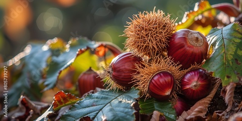 A close shot of bunch of chestnuts hanging on tree with with thrones on it with a big space for text or product advertisement, Generative AI. photo