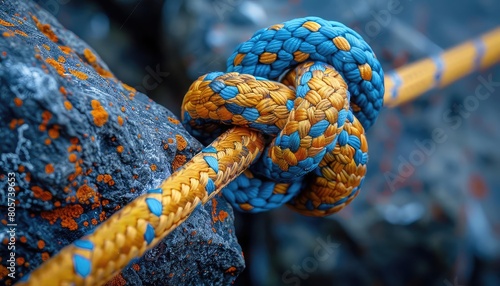 A rope, blue and gold, is tied in a knot around a rock