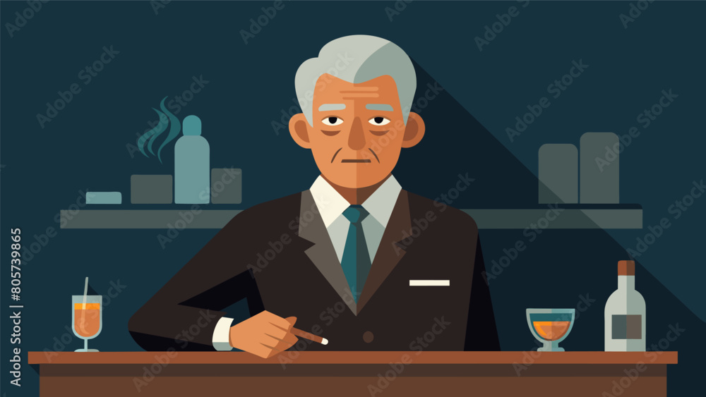 An older gentleman dressed in a suit and tie sitting at the bar with a glass of scotch and a cigar. Hes a loyal regular and always requests the same Vector illustration An older gentleman dressed in a suit and tie sitting at the bar with a glass of scotch and a cigar. Hes a loyal regular and always requests the same Vector illustration