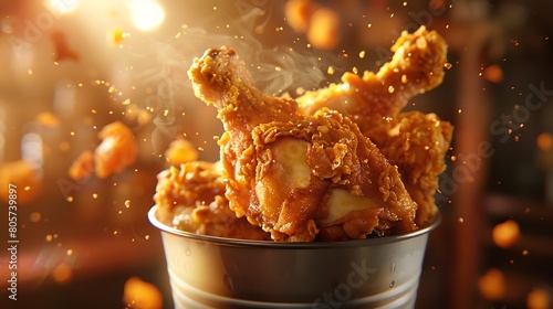 A close-up shot of a crispy chicken drumstick protruding enticingly from a bucket filled with more delicious pieces