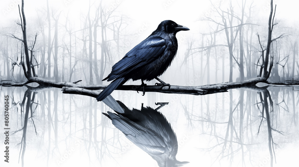 Naklejka premium Double Exposure, White Background, illustration of a Crow in front of a forest ~ Created using Generative AI