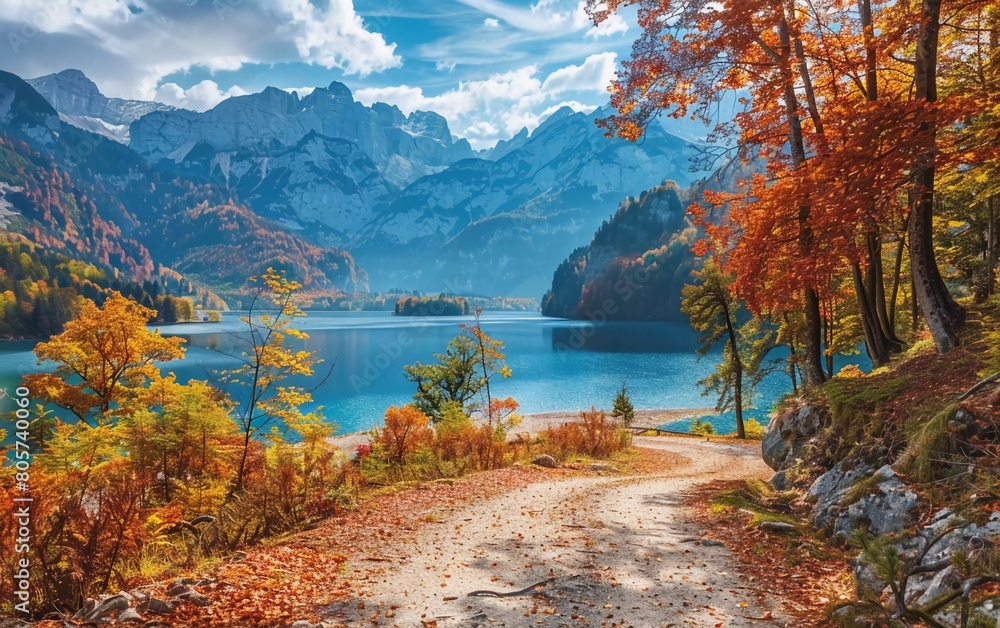 Beautiful autumn landscape. Beautiful romantic alley near the popular alpine lake Grundlsee with colorful trees. Image of a stunning forest landscape