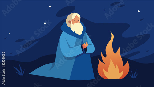 A seasoned thinker wrapped in a blanket staring into the fires dance.. Vector illustration
