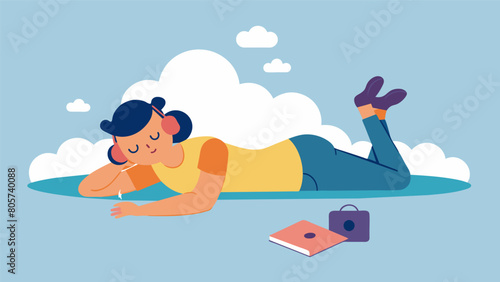 Laying on a fluffy rug in a quiet corner eyes closed and revisiting the days workout in their mind while listening to soothing instrumental music.. Vector illustration
