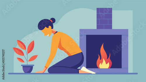 A person kneeling in front of the fireplace stretching their spine and rolling their shoulders back as they let out a contented moan.. Vector illustration