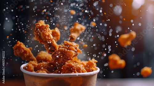 A dynamic shot capturing fried chicken pieces cascading out of a paper bucket, creating a mouthwatering spectacle photo