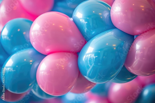 A beautiful display of pink and blue balloons. Perfect for a party or celebration.