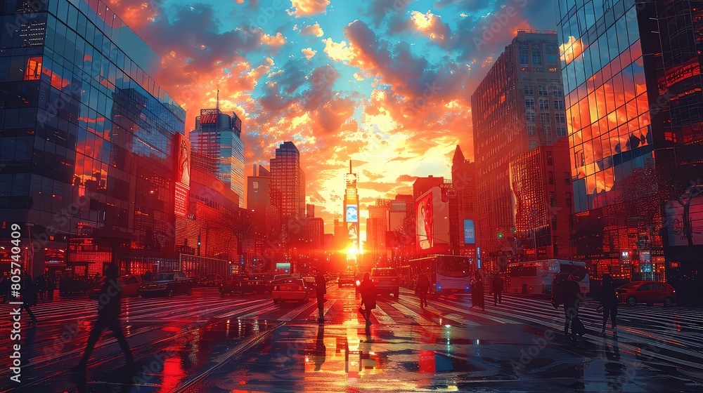 A stunning digital painting of a vibrant cityscape with towering skyscrapers and busy streets