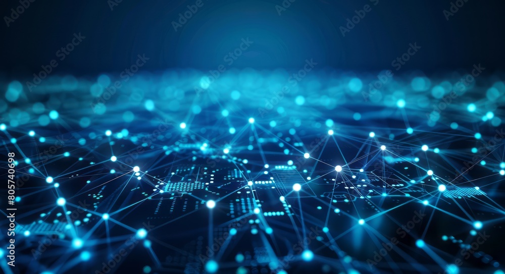 Abstract background highlighting blue glowing connections and dots set against a dark blue gradient, illustrating the seamless integration of modern technology