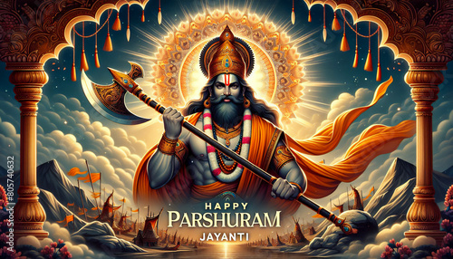 Majestic and divine illustration of Lord Parshuram holding an axe for Parshuram Jayanti with the text Happy Parshuram Jayanti. Indian Festival concept photo