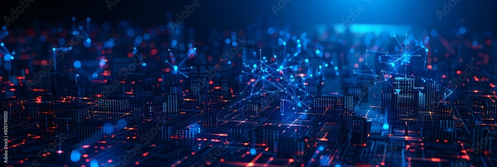 Fototapeta premium Explore a futuristic cityscape using CG 3D rendering, blending technology and psychology, capture from a birds eye view with glitch art effects,