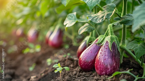 A close shot of growing eggplant on field with fresh brinjal are hanging on it with a big space for text or product advertisement, Generative AI.