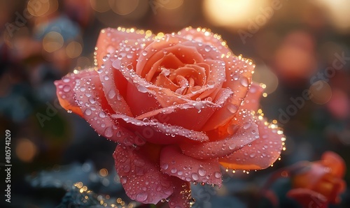 A single  perfect rose  covered in morning dew