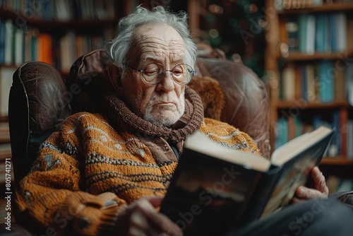 An elderly man is sitting in a comfortable chair in his library, reading a book