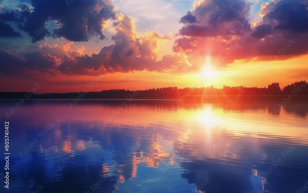 
fantastic colorful landscape. Cloudy clouds shine in the sunlight as the sun sets over the lake. stunning view