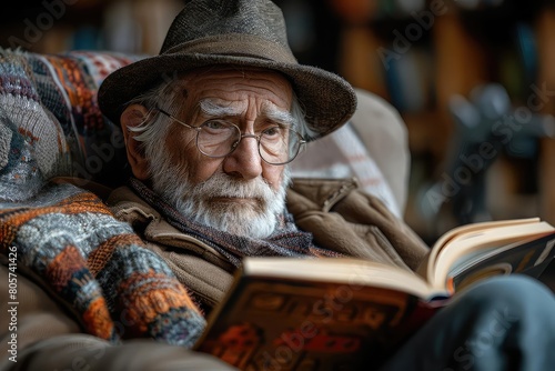 An elderly man is sitting in a chair, reading a book. He is wearing a hat, glasses, and a scarf. The background is blurry.
