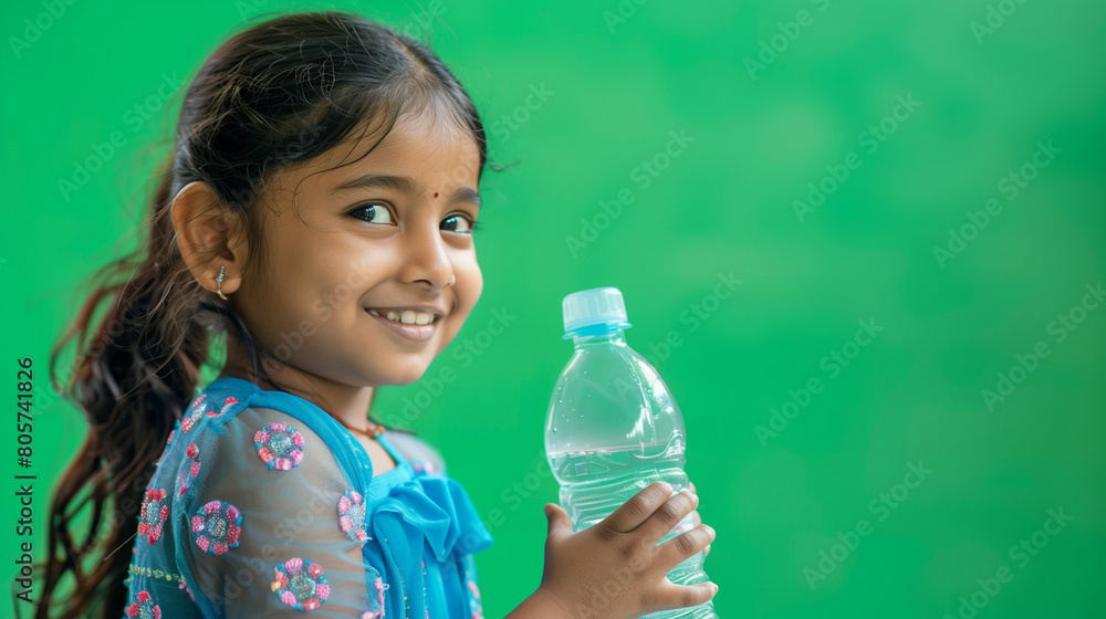 Photograph of an Indian child holding a water bottle against a plain background. Photograph of an Indian child holding a water bottle against a plain background.