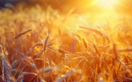 What a view. Wheat Field with Sun. Golden Wheat Ears close up. Fresh Rye plant. Rich Harvest Concept Idea. Rural Landscape Under Beautiful Shining Sunlight