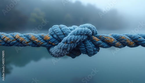 Image shows a closeup of a blue rope knot against a blurred background of water and trees