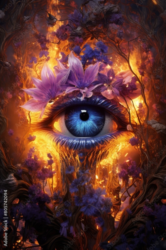 Fototapeta premium Surreal eye surrounded by vibrant flowers and flames