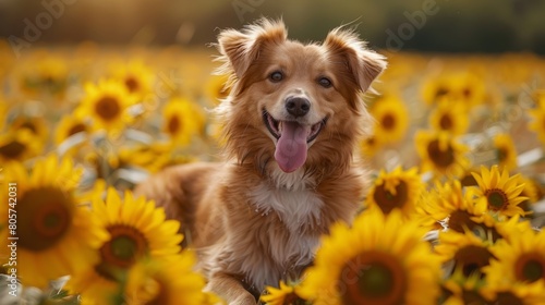 joyful puppies playing in a field of sunflowers