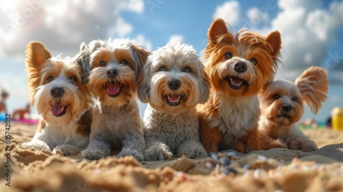 joyful pets on a sandy beach building a sandcastle