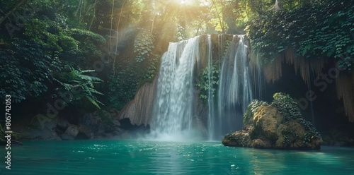 beautiful natural view Erawan waterfall in deep tropical rainforest