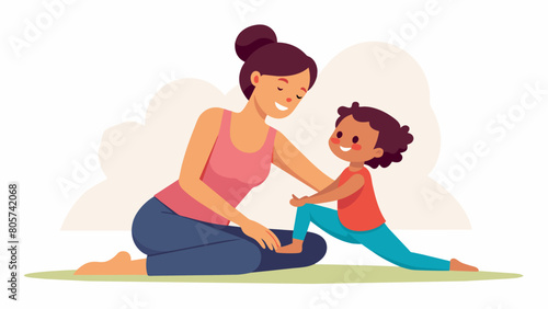 A mother and her child giggling while attempting a partner pose their bodies intertwined.. Vector illustration