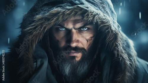 Rugged bearded man with intense gaze in snowy environment