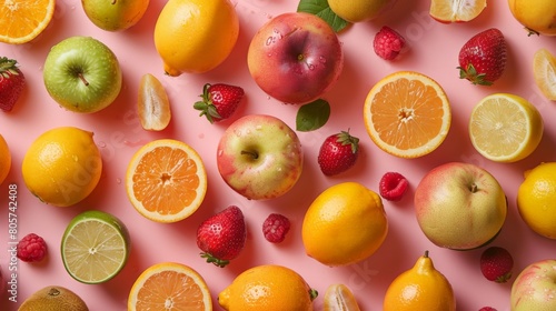 A fresh fruits arranged on a seamless background  featuring soft shadows and vibrant colors.