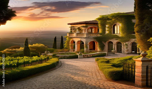 Italianate luxury villa with sprawling vineyard background. photo