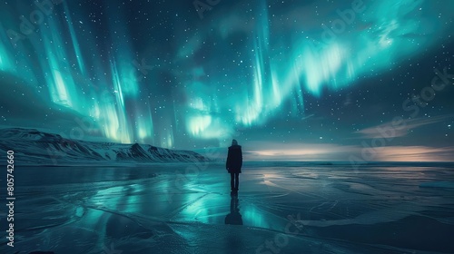 A lone figure stands on a frozen lake, gazing up at the awe-inspiring aurora borealis