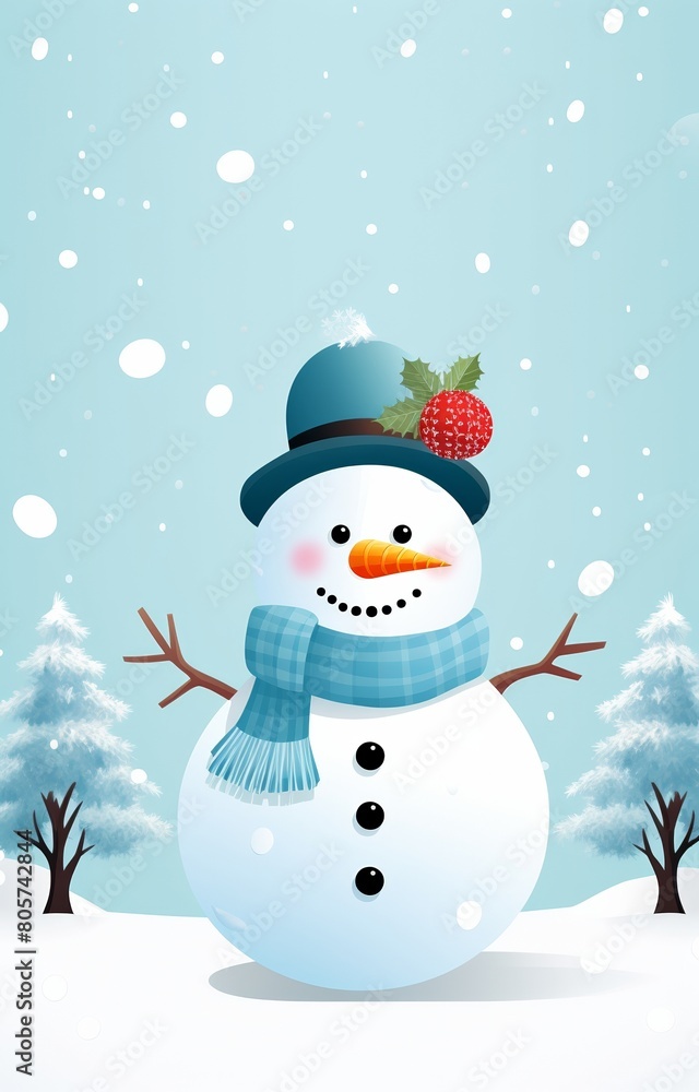 A cute snowman is wearing a blue hat and a blue scarf. He has a carrot for a nose and two black buttons for eyes. There are two pine trees behind him and it's snowing.